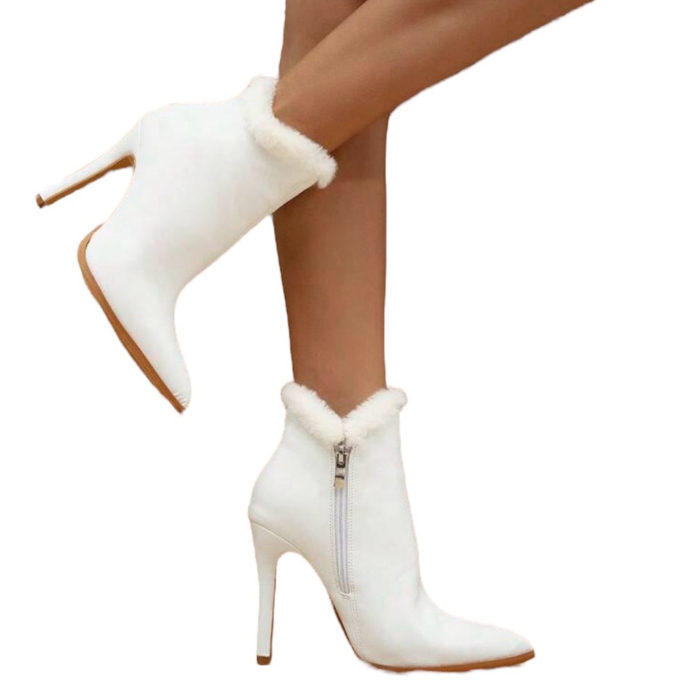 White Pointed Toe Think Heel Furry Boots